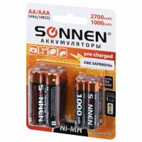 Батарейки аккумуляторные НАБОР 8 (4 + 4) шт., AA + ААА (HR6 + HR03), 2700 mAh + 1000 mAh, SONNEN, блистер, 455612