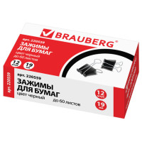 Зажимы для бумаг BRAUBERG, КОМПЛЕКТ 12 шт., 19 мм, на 60 листов, черные, картонная коробка, 220559