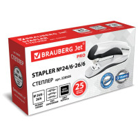 Степлер №24/6, 26/6 BRAUBERG "JET PRO", до 25 листов, эргономичный, бело-черный, 228585