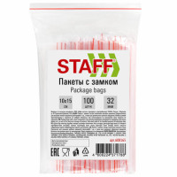 Пакеты с замком ZIP-LOCK "зиплок", комплект 100 шт., 10х15 см, ПВД, толщина 32 мкм, STAFF, 608165