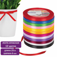 Лента атласная ширина 6 мм, набор 12 цветов по 23 м, BRAUBERG, 591498 Лента атласная ширина 6 мм, набор 12 цветов по 23 м, BRAUBERG, 591498