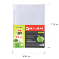 Папки-файлы перфорированные, А4, BRAUBERG, комплект 100 шт., гладкие, "Яблоко", 35 мкм, 221710 Папки-файлы перфорированные, А4, BRAUBERG, комплект 100 шт., гладкие, "Яблоко", 35 мкм, 221710