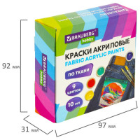 Краски акриловые по ткани 9 цветов по 10 мл, BRAUBERG HOBBY, 192442 Краски акриловые по ткани 9 цветов по 10 мл, BRAUBERG HOBBY, 192442
