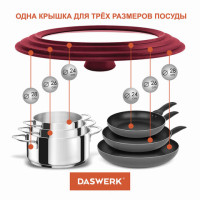 Крышка для любой сковороды и кастрюли универсальная 3 размера (24-26-28 см) бордовая, DASWERK, 607590 Крышка для любой сковороды и кастрюли универсальная 3 размера (24-26-28 см) бордовая, DASWERK, 607590