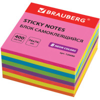 Блок самоклеящийся (стикер), BRAUBERG, НЕОНОВЫЙ, 76х76 мм, 400 листов, 8 цветов, 126686
