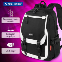 Рюкзак BRAUBERG FUSION универсальный, USB-порт, черный с белыми вставками, 45х31х15 см, 271657 Рюкзак BRAUBERG FUSION универсальный, USB-порт, черный с белыми вставками, 45х31х15 см, 271657