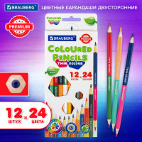 Карандаши цветные мягкие двусторонние BRAUBERG PREMIUM TWIN COLOUR, 12 штук, 24 цвета, 181874