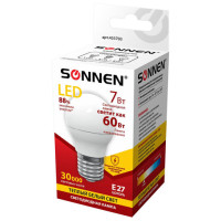 Лампа светодиодная SONNEN, 7 (60) Вт, цоколь E27, шар, теплый белый свет, 30000 ч, LED G45-7W-2700-E27, 453703 Лампа светодиодная SONNEN, 7 (60) Вт, цоколь E27, шар, теплый белый свет, 30000 ч, LED G45-7W-2700-E27, 453703