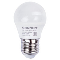Лампа светодиодная SONNEN, 7 (60) Вт, цоколь E27, шар, теплый белый свет, 30000 ч, LED G45-7W-2700-E27, 453703 Лампа светодиодная SONNEN, 7 (60) Вт, цоколь E27, шар, теплый белый свет, 30000 ч, LED G45-7W-2700-E27, 453703