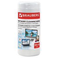 Чистящие салфетки BRAUBERG для LCD (ЖК)-мониторов, сухие и влажные в тубе, 50+50 шт., 510121 Чистящие салфетки BRAUBERG для LCD (ЖК)-мониторов, сухие и влажные в тубе, 50+50 шт., 510121