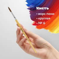 Кисть ПИФАГОР, ПОНИ, круглая, № 6, деревянная лакированная ручка, колпачок, пакет с подвесом, 200835