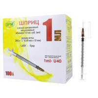 Шприц инсулиновый SFM, 1 мл, КОМПЛЕКТ 100 шт., в коробке, игла 0,45х12 - 26G, 534200 Шприц инсулиновый SFM, 1 мл, КОМПЛЕКТ 100 шт., в коробке, игла 0,45х12 - 26G, 534200